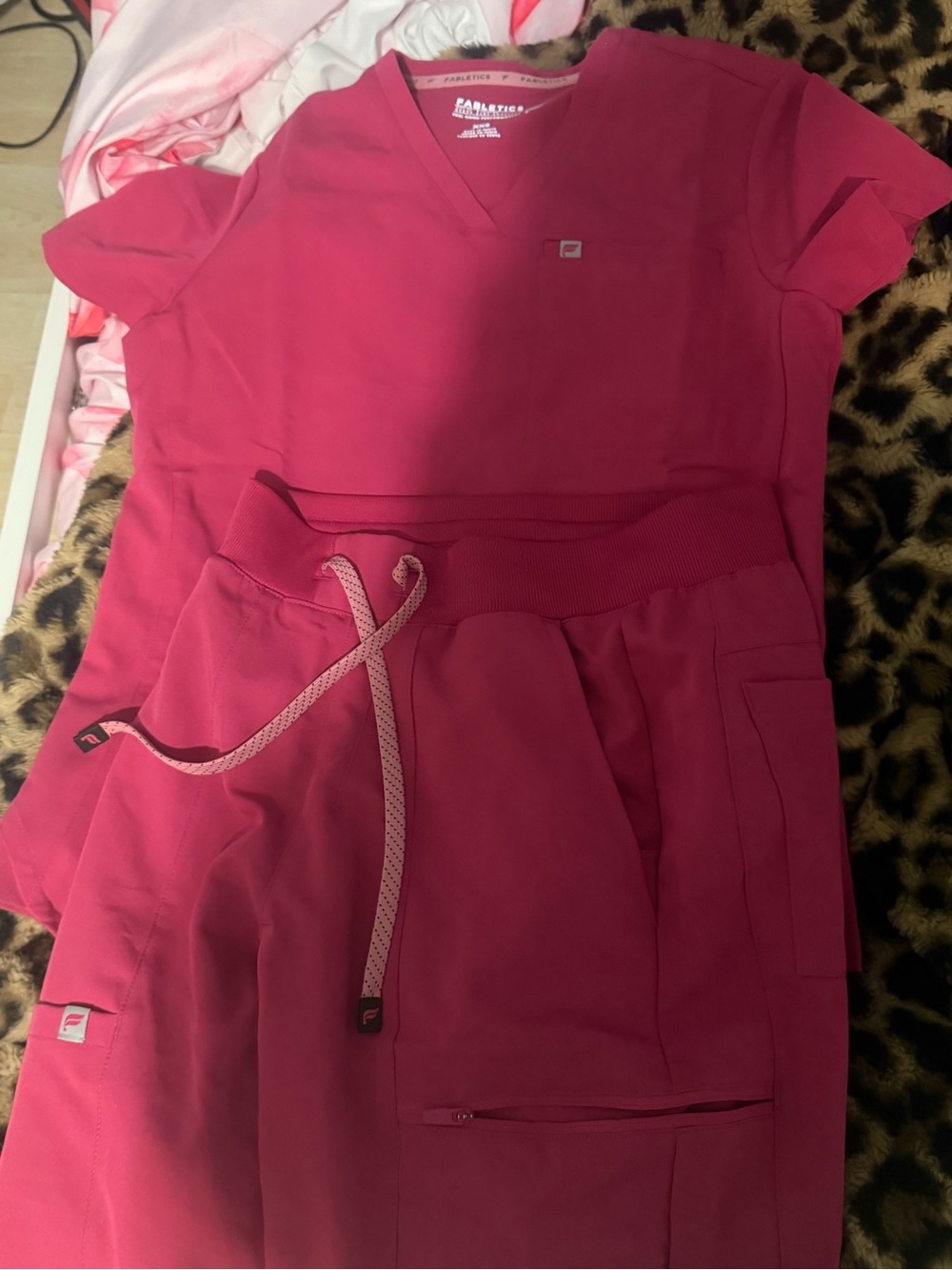 Fabletics Vibrant Pink Scrub Top and Jogger Set